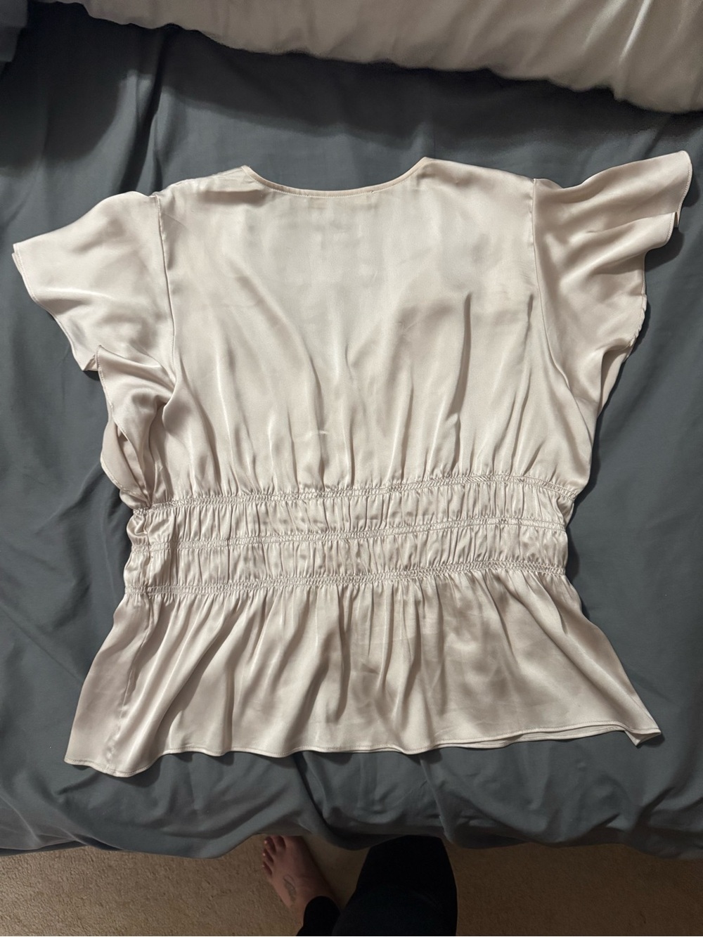 White House Black Market Cream Satin Smocked Peplum Button Blouse - Picture 3 of 3